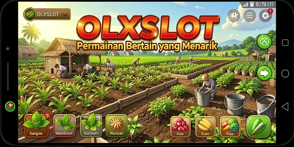 Tampilan gameplay menarik di OLXSLOT dengan kebun yang rapi dan hewan ternak.