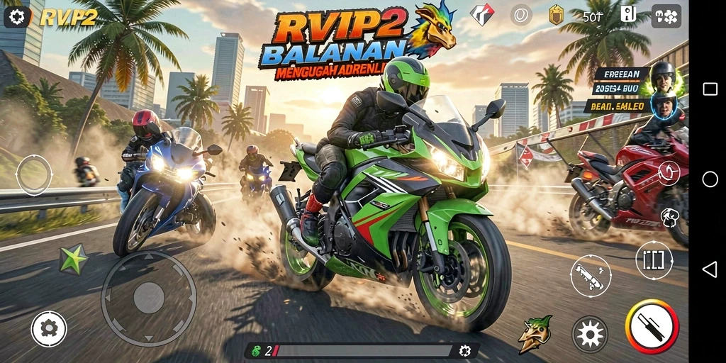 Screenshot utama gameplay RVIP2 menampilkan balapan motor yang mendebarkan.